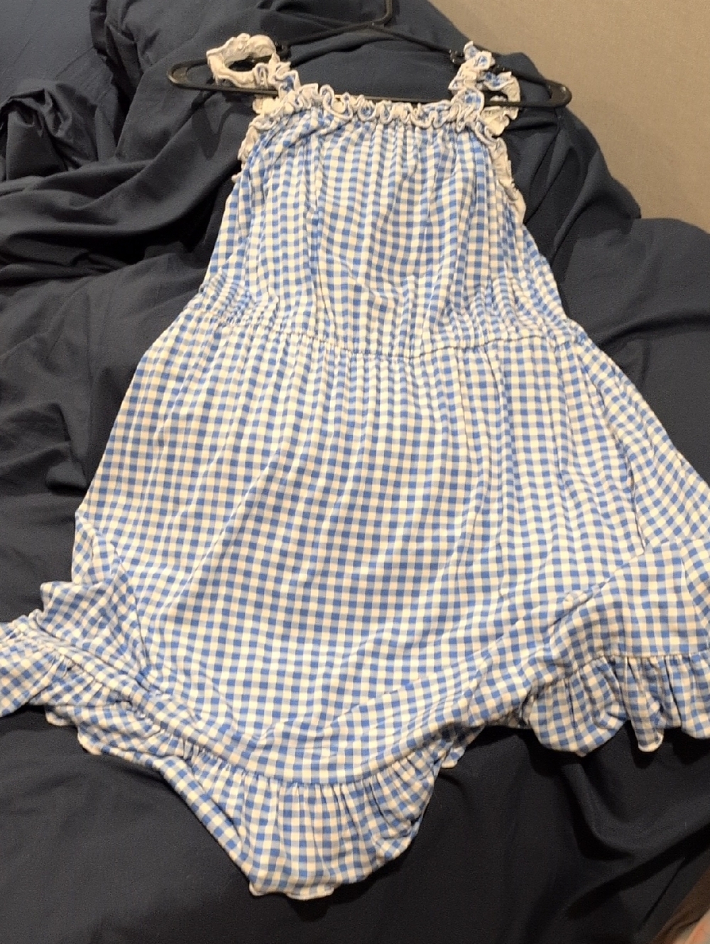 Loveappella Gray and Light Blue Gingham Trim Top